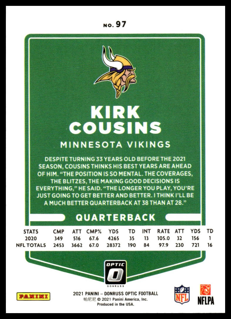 Kirk Cousins #97 2021 Donruss Optic Minnesota Vikings