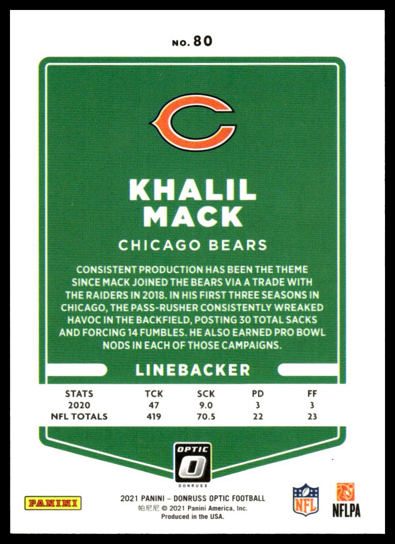 Khalil Mack #80 2021 Donruss Optic Chicago Bears