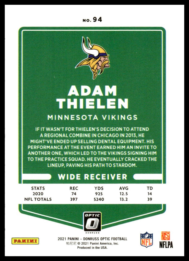 Adam Thielen #94 2021 Donruss Optic Minnesota Vikings