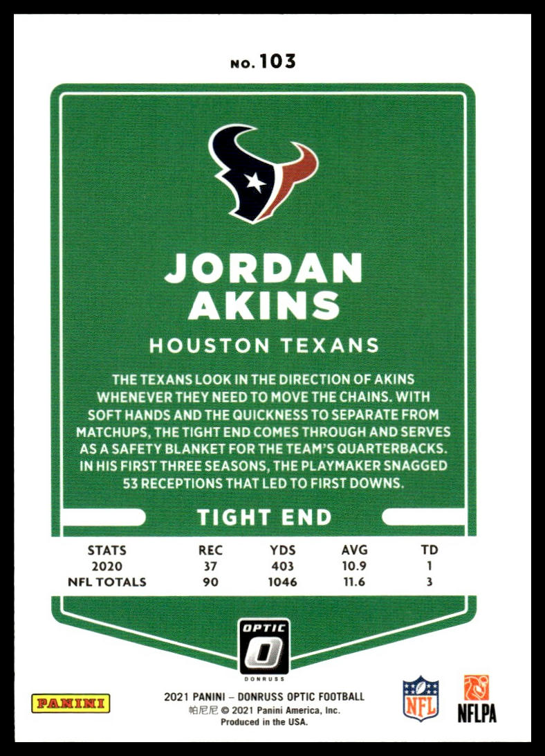 Jordan Akins #103 2021 Donruss Optic Houston Texans