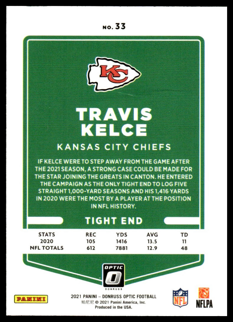 Travis Kelce #33 2021 Donruss Optic Kansas City Chiefs