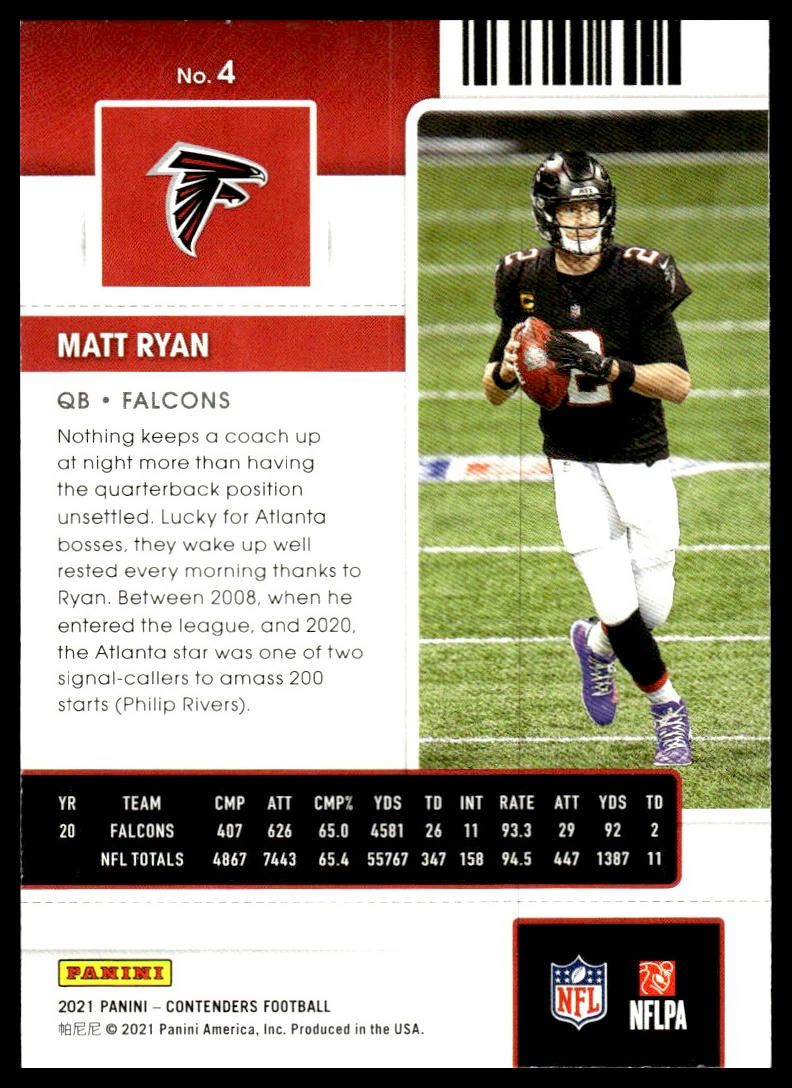 Matt Ryan #4 2021 Panini Contenders Atlanta Falcons