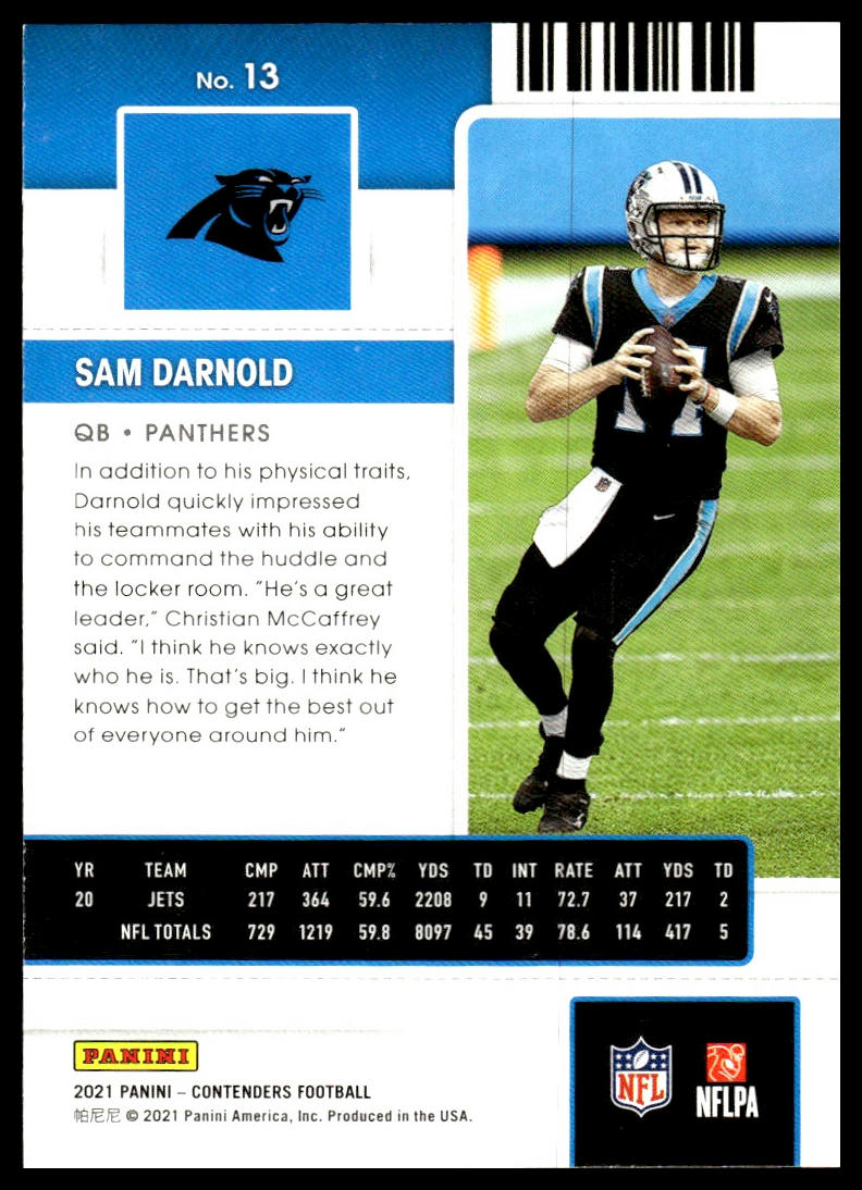 Sam Darnold #13 2021 Panini Contenders Carolina Panthers