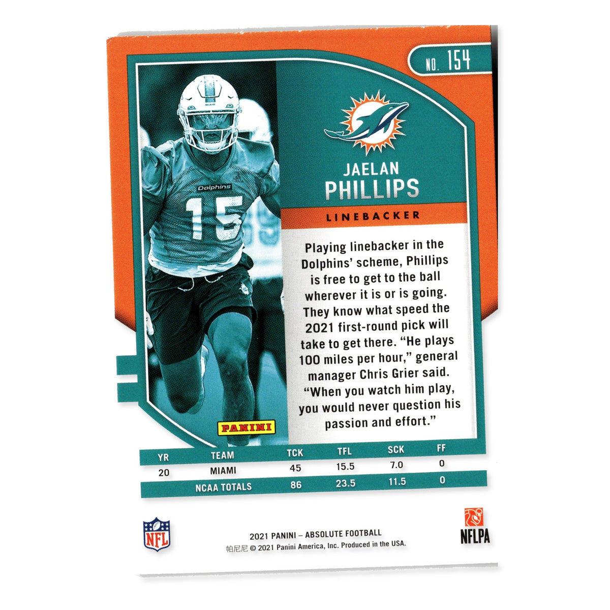 Jaelan Phillips #154 Retail 2021 Panini Absolute Miami Dolphins RC