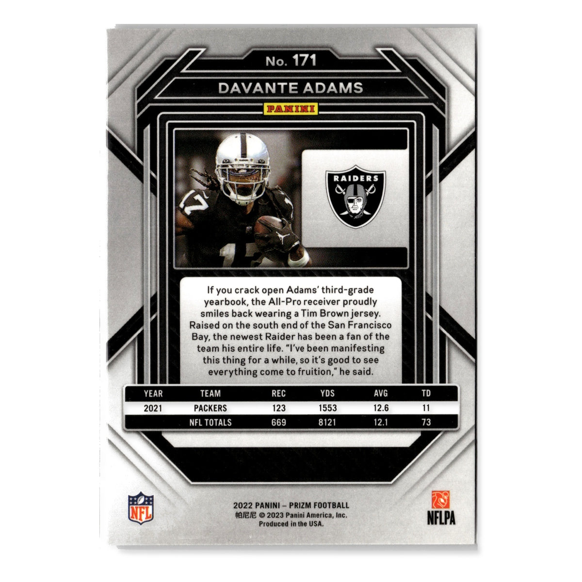 Davante Adams #171 2022 Panini Prizm Las Vegas Raiders