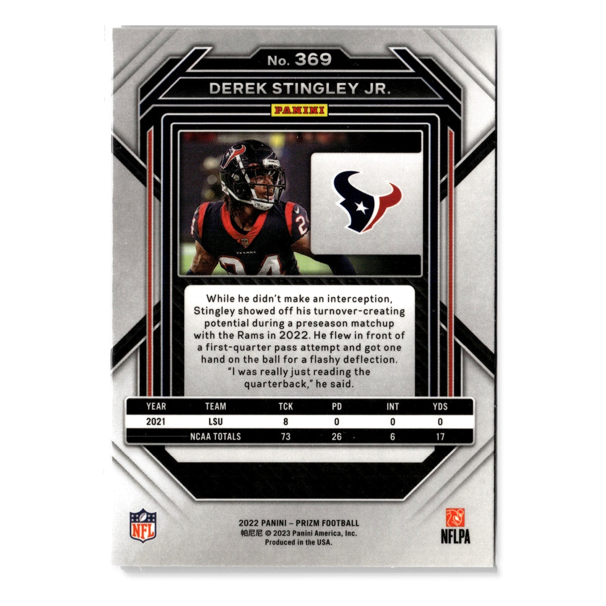 Derek Stingley Jr. #369 2022 Panini Prizm Houston Texans RC