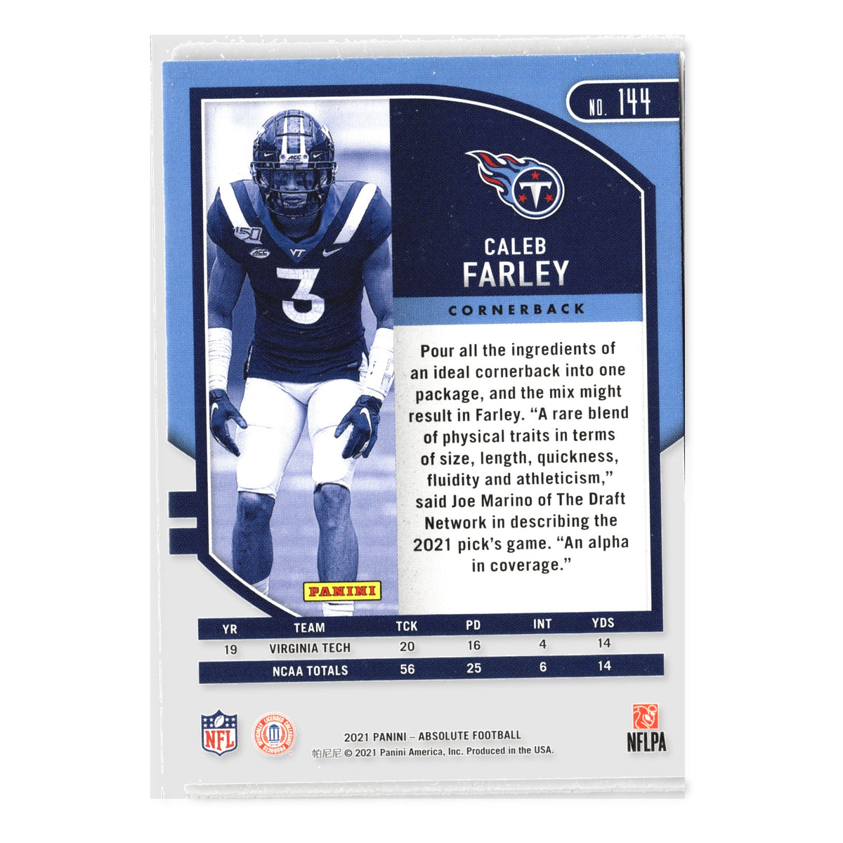 Caleb Farley #144 Retail 2021 Panini Absolute Tennessee Titans RC