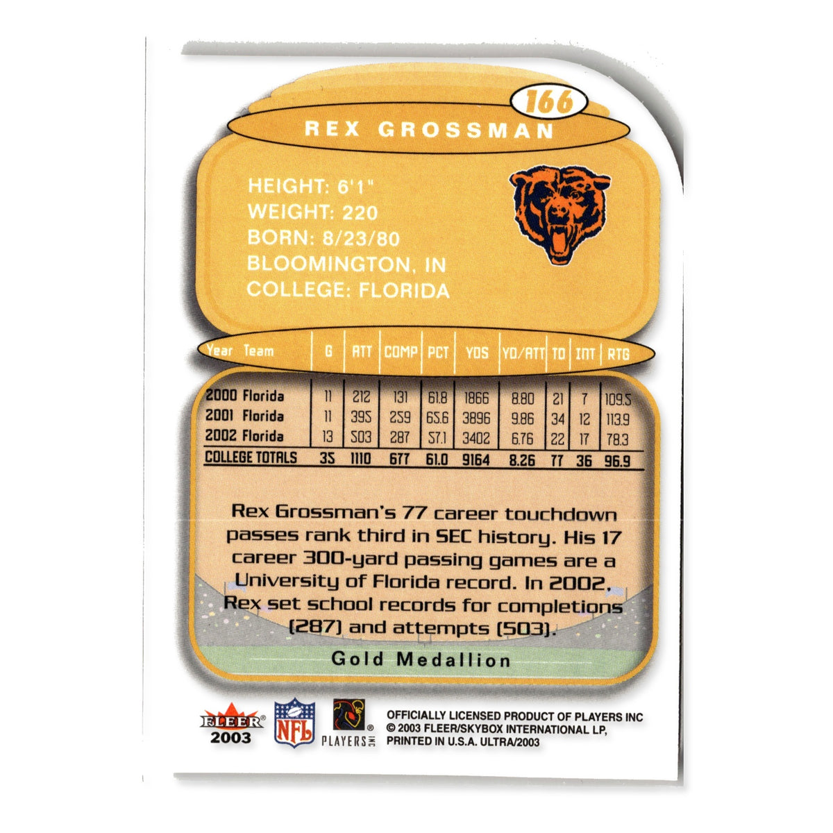 Rex Grossman #166 Gold Medallion 2003 Ultra Chicago Bears RC
