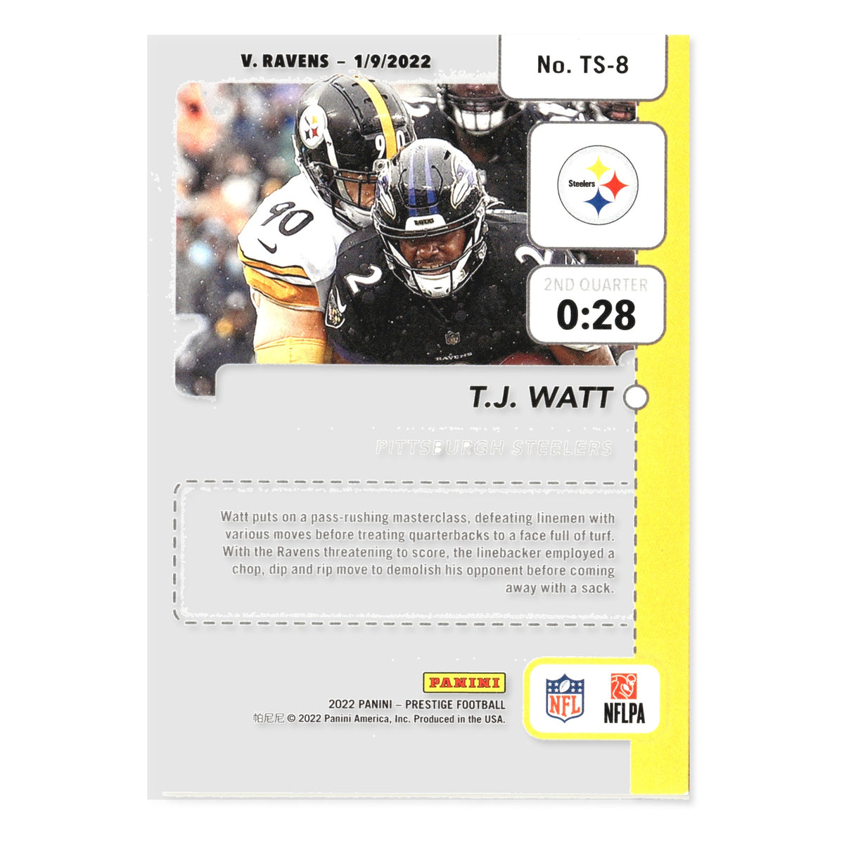 T.J. Watt #TS-8 Time Stamped 2022 Panini Prestige Pittsburgh Steelers