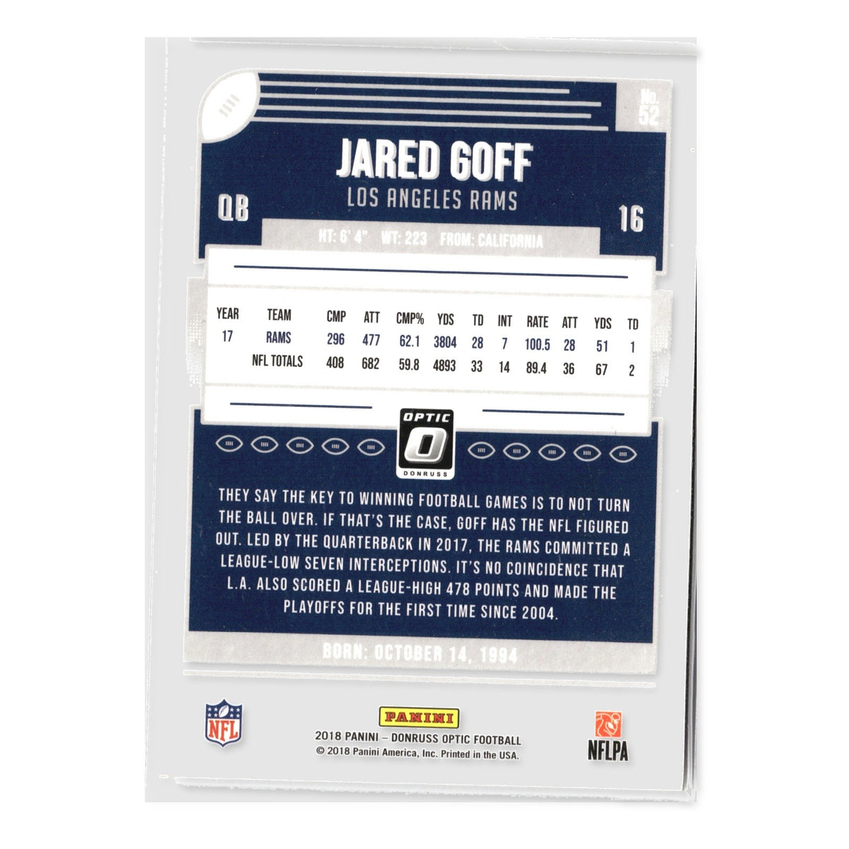 Jared Goff #52 2018 Donruss Optic Los Angeles Rams
