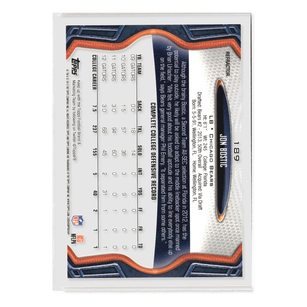 Jon Bostic #189 Orange Refractor 2013 Topps Chrome Chicago Bears RC
