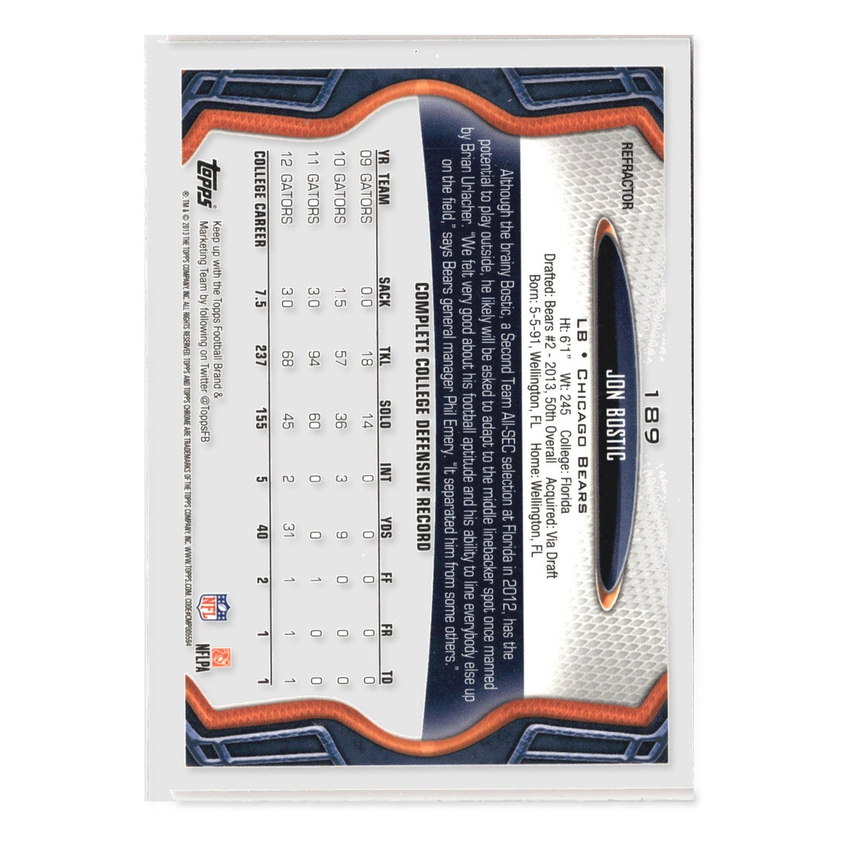 Jon Bostic #189 Orange Refractor 2013 Topps Chrome Chicago Bears RC