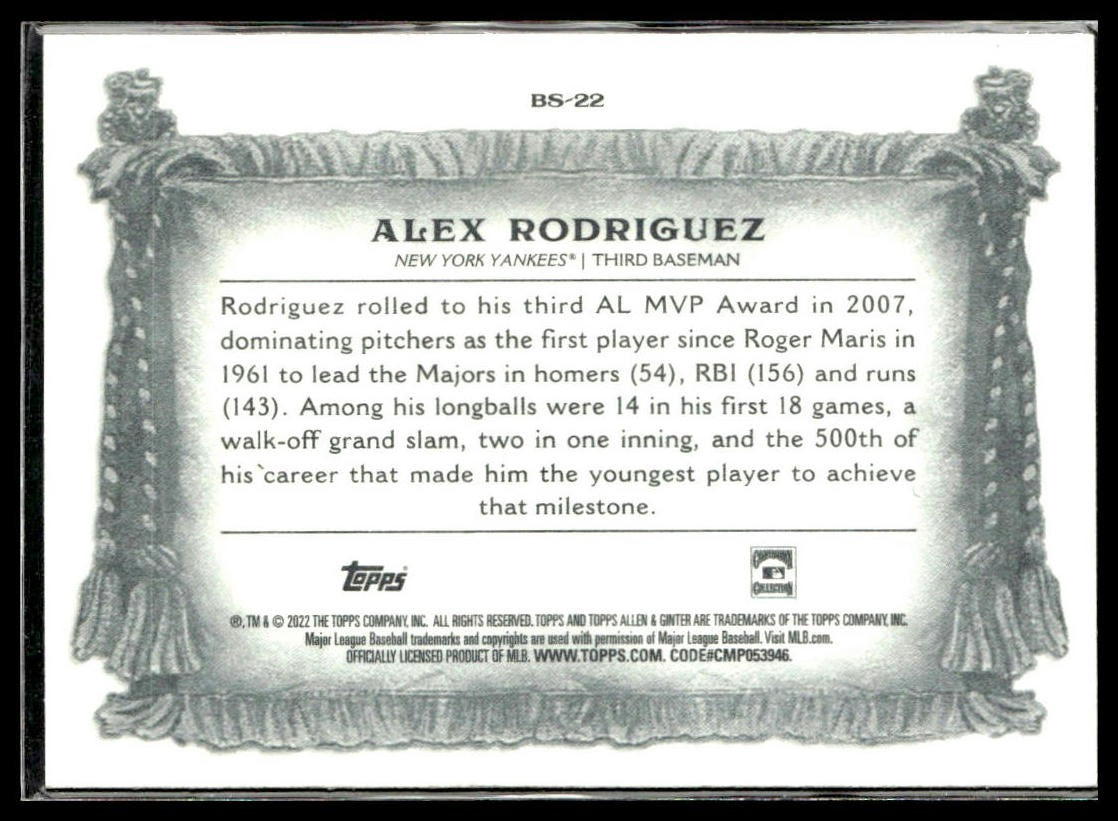 Alex Rodriguez #BS-22 Banner Seasons 2022 Topps Allen & Ginter New York Yankees