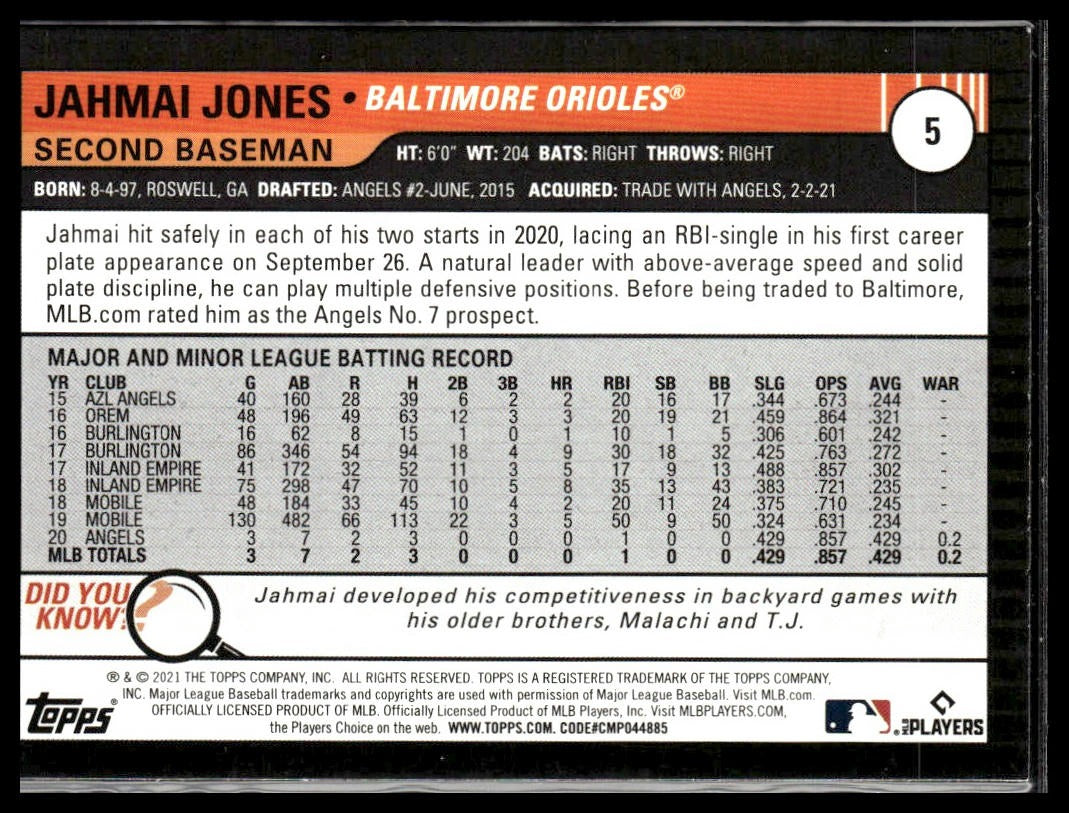 Jahmai Jones #5 Orange 2021 Topps Big League Baltimore Orioles RC