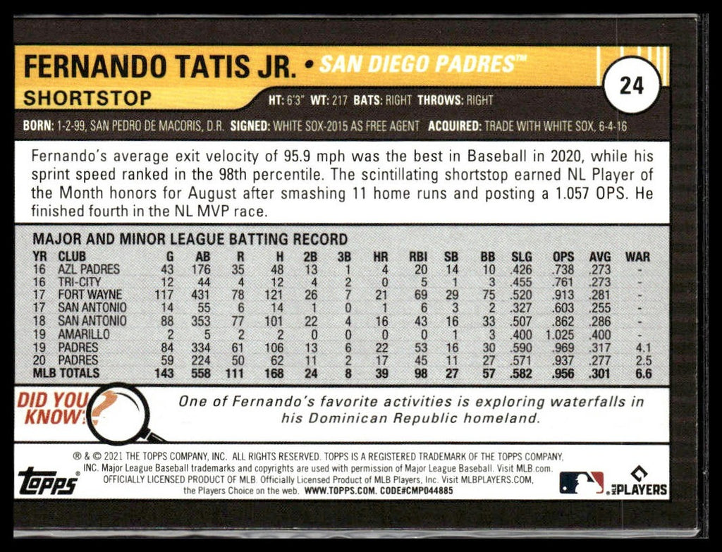 Fernando Tatis Jr. #24 Orange 2021 Topps Big League San Diego Padres