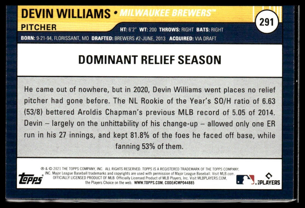 Devin Williams #291 Orange 2021 Topps Big League Milwaukee Brewers