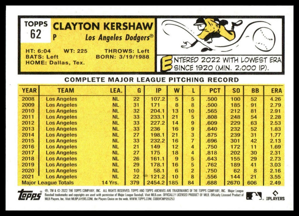 Clayton Kershaw #62 2022 Topps Archives Los Angeles Dodgers