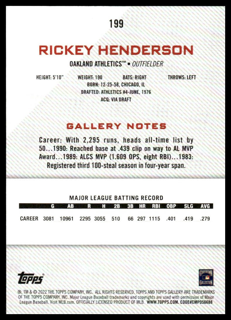 Rickey Henderson #199 2022 Topps Gallery Oakland Athletics