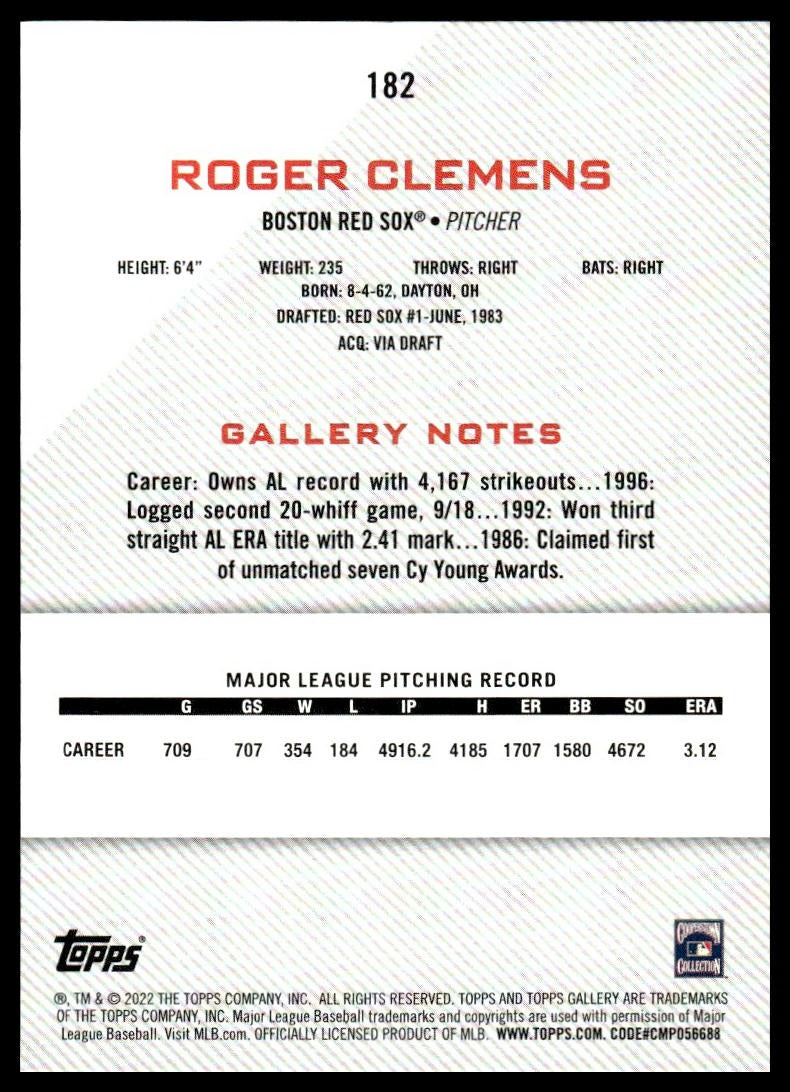 Roger Clemens #182 2022 Topps Gallery Boston Red Sox