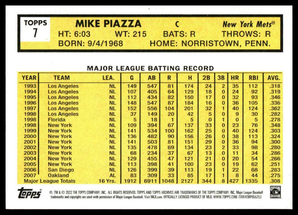 Mike Piazza #7 2022 Topps Archives New York Mets