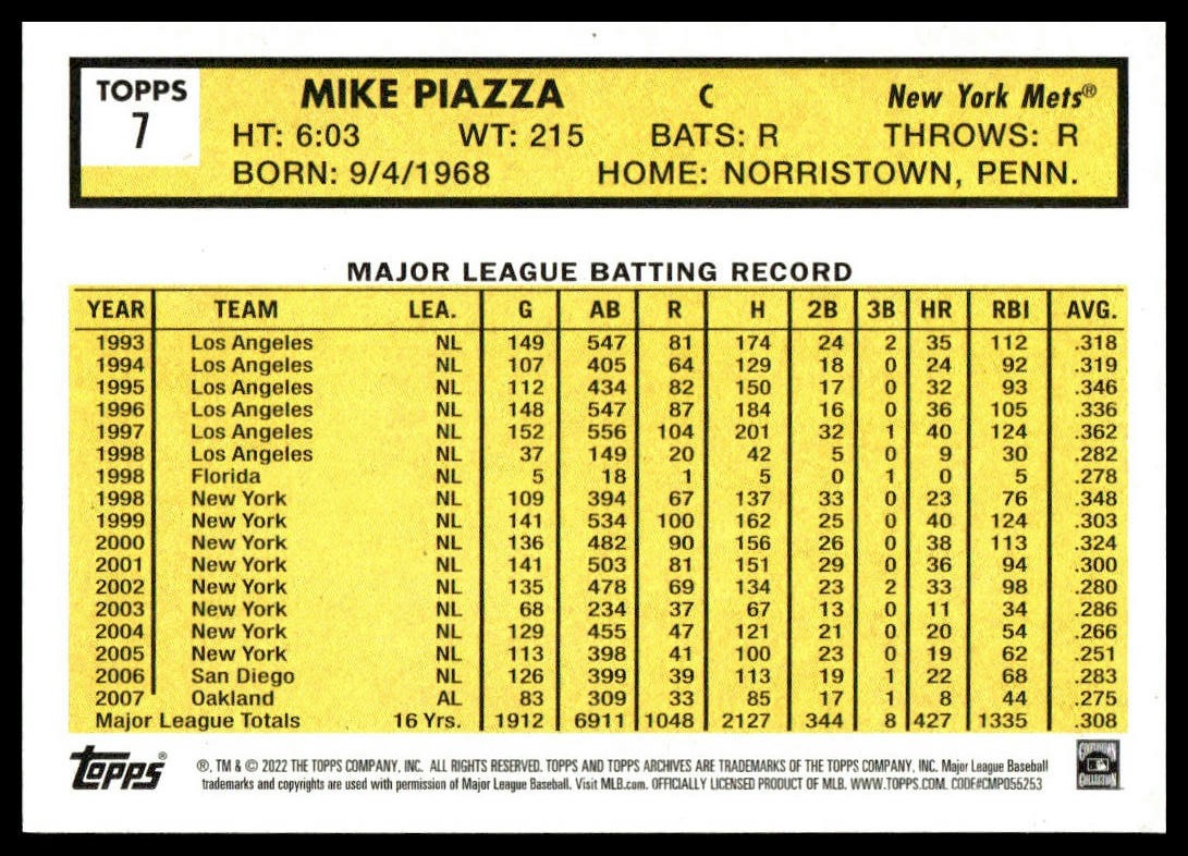 Mike Piazza #7 2022 Topps Archives New York Mets