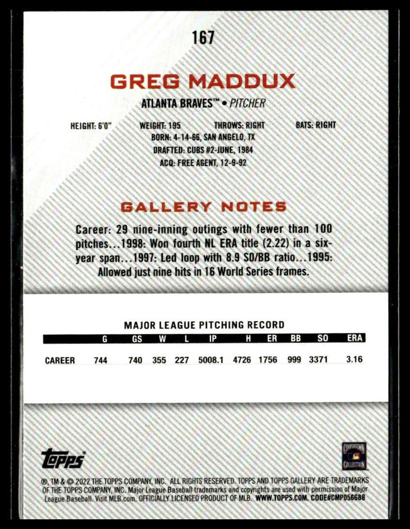 Greg Maddux #167 2022 Topps Gallery Atlanta Braves
