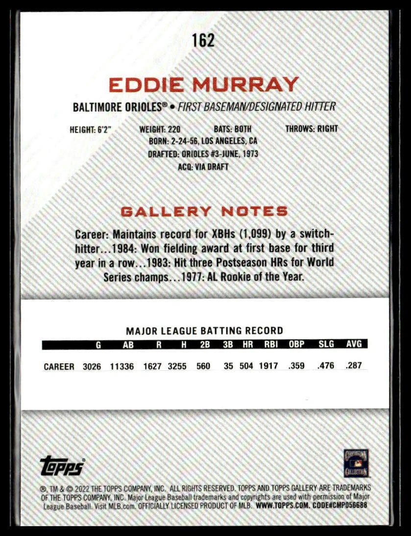 Eddie Murray #162 2022 Topps Gallery Baltimore Orioles