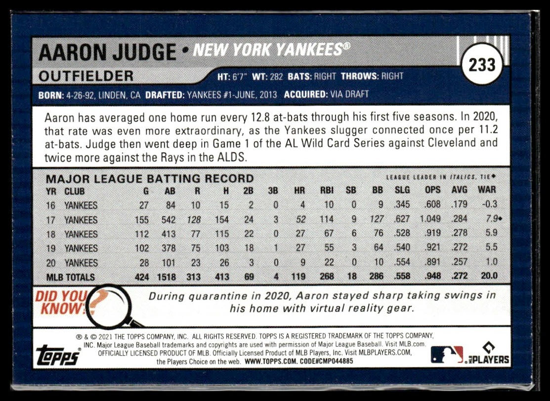 Aaron Judge #233 2021 Topps Big League New York Yankees