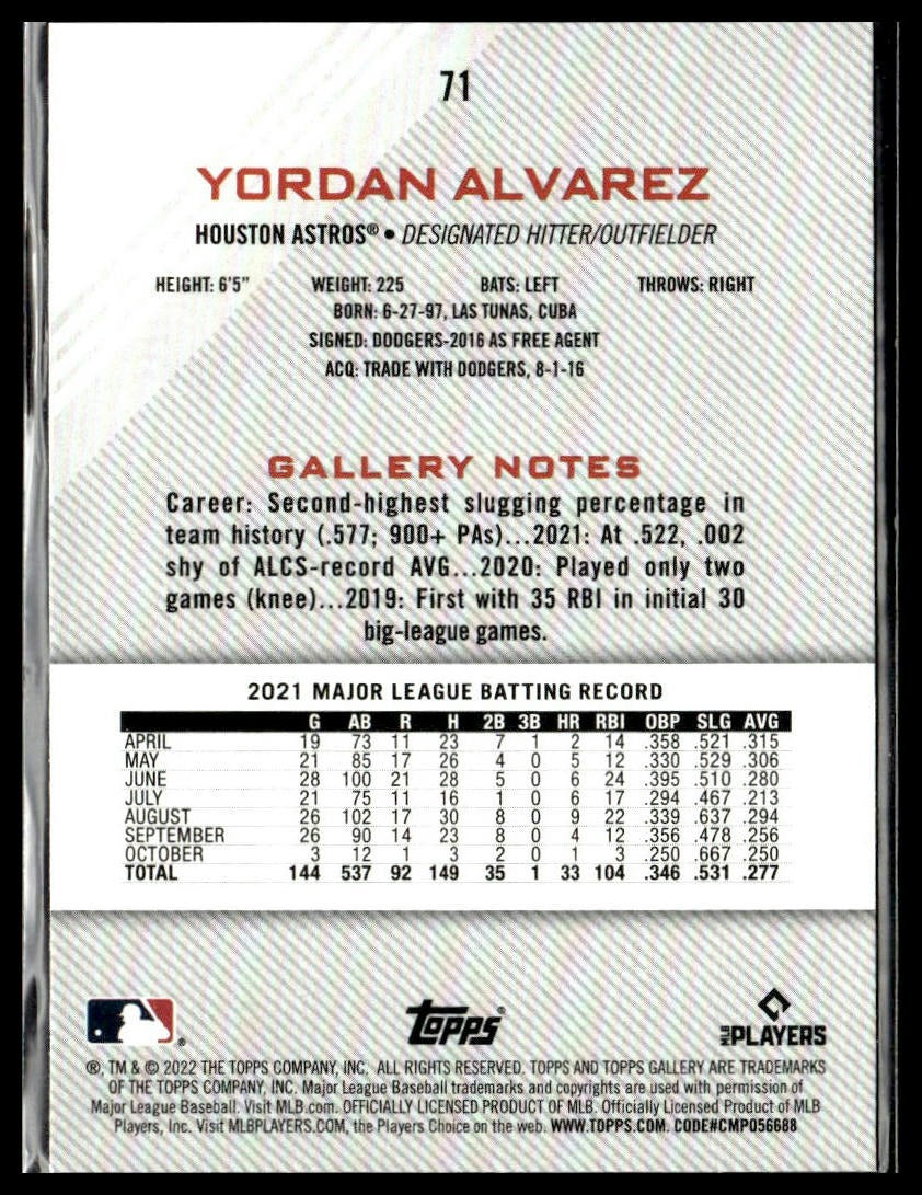 Yordan Alvarez #71 2022 Topps Gallery Houston Astros