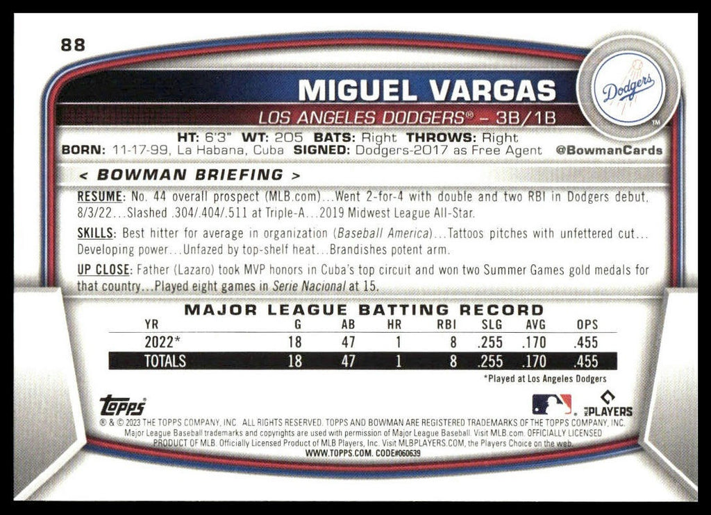 Miguel Vargas #88 2023 Bowman Los Angeles Dodgers RC