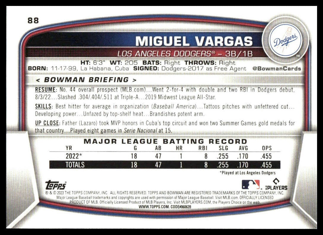 Miguel Vargas #88 2023 Bowman Los Angeles Dodgers RC
