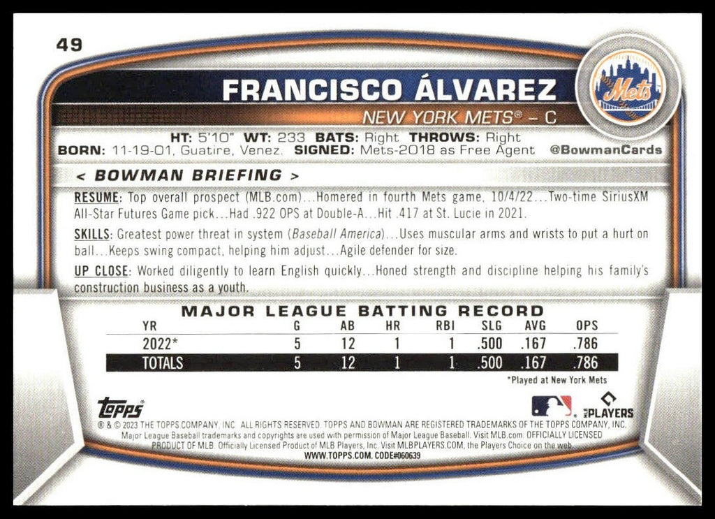 Francisco Alvarez #49 2023 Bowman New York Mets RC