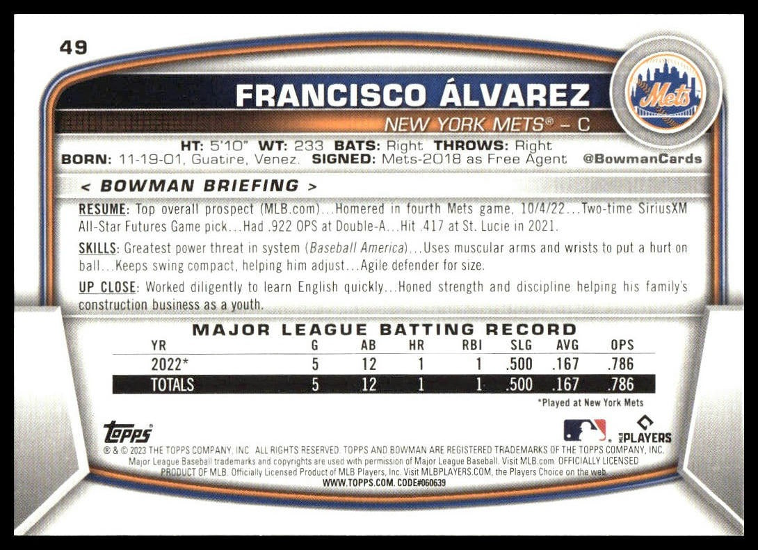 Francisco Alvarez #49 2023 Bowman New York Mets RC