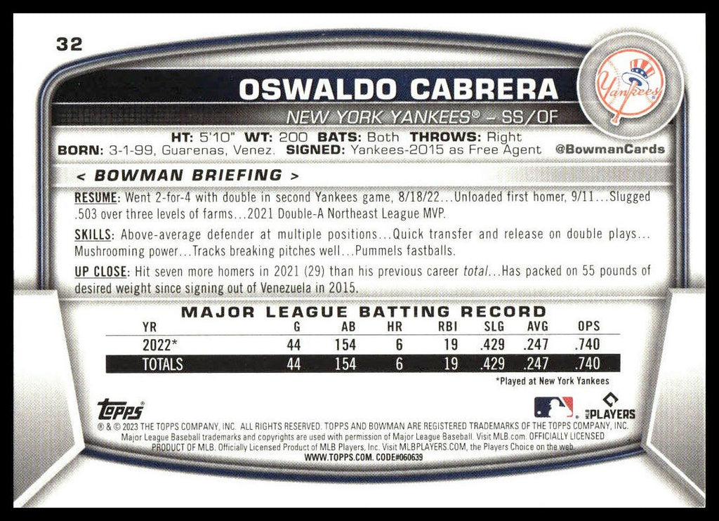 Oswaldo Cabrera #32 2023 Bowman New York Yankees RC