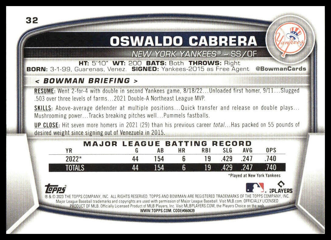Oswaldo Cabrera #32 2023 Bowman New York Yankees RC