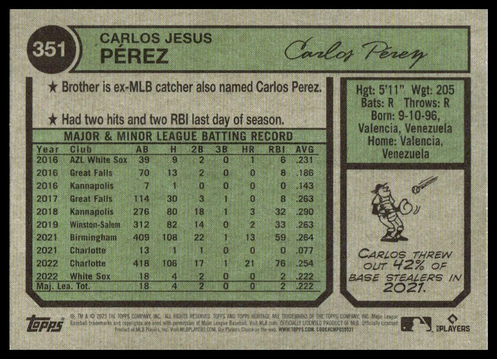 Carlos Pérez #351 2023 Topps Heritage Chicago White Sox RC