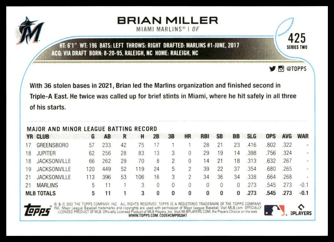 Brian Miller #425 2022 Topps Miami Marlins RC