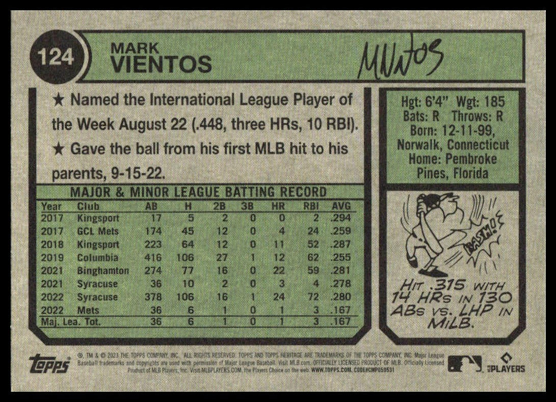 Mark Vientos #124 2023 Topps Heritage New York Mets RC