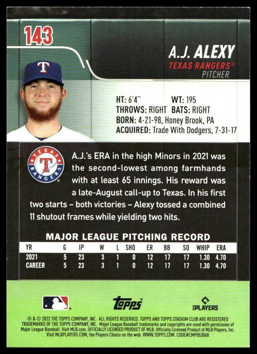 A.J. Alexy #143 2022 Stadium Club Texas Rangers RC