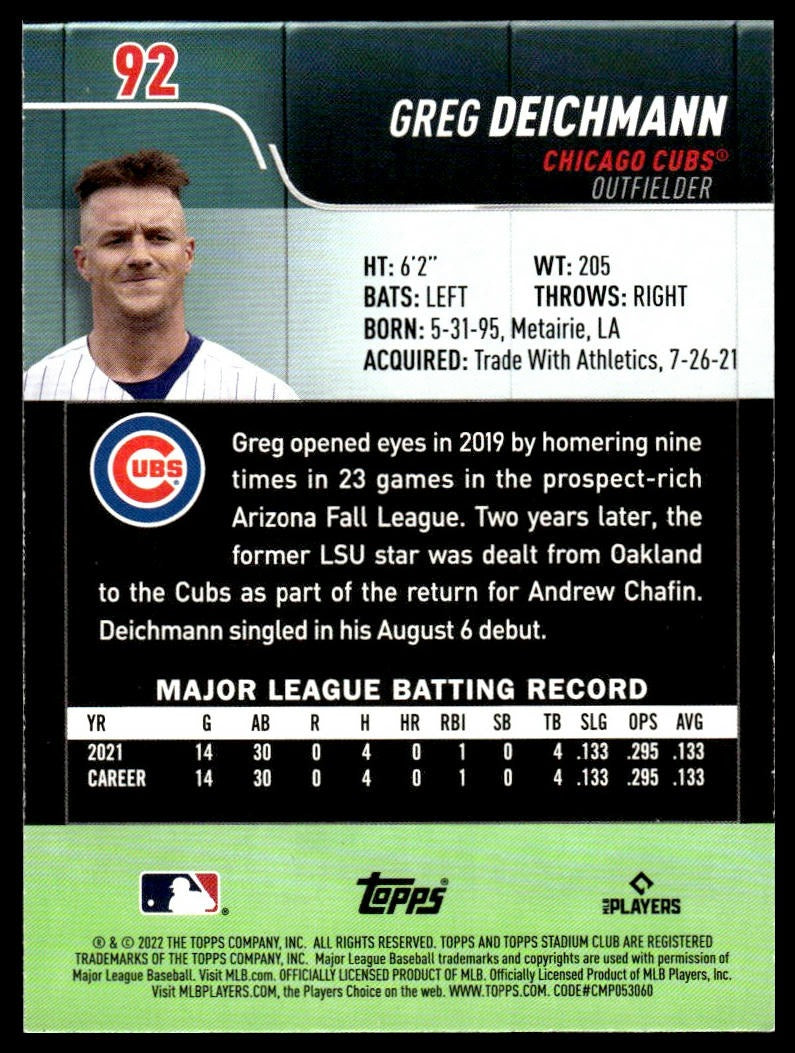 Greg Deichmann #92 2022 Stadium Club Chicago Cubs RC
