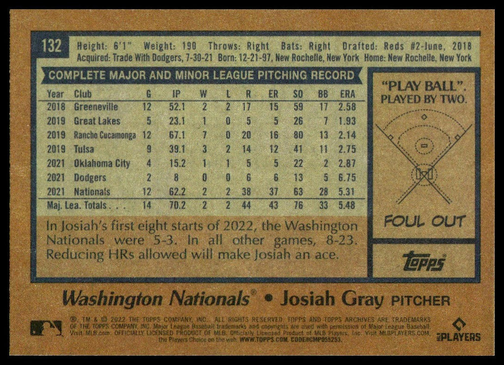 Josiah Gray #132 2022 Topps Archives Washington Nationals RC