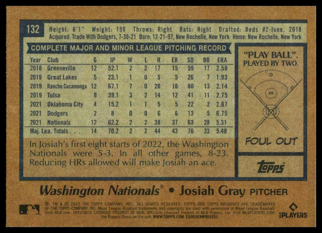 Josiah Gray #132 2022 Topps Archives Washington Nationals RC