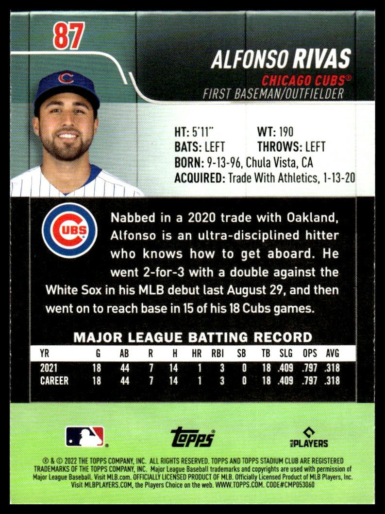 Alfonso Rivas #87 2022 Stadium Club Chicago Cubs RC