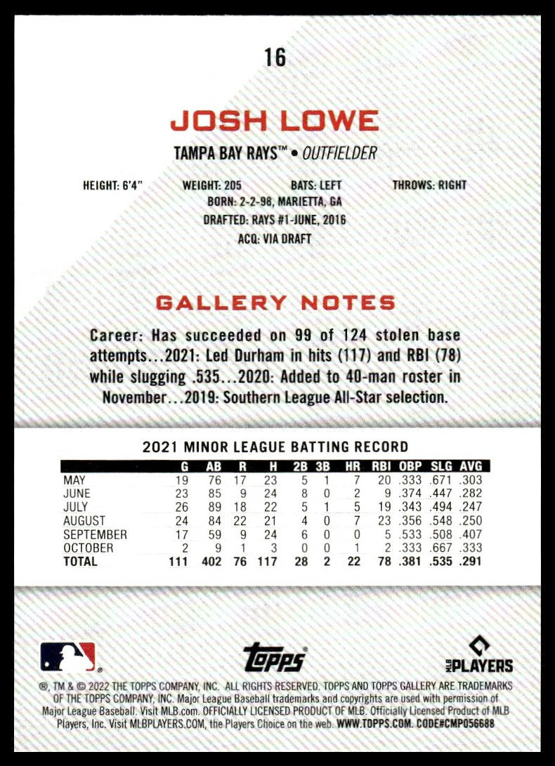 Josh Lowe #16 2022 Topps Gallery Tampa Bay Rays RC