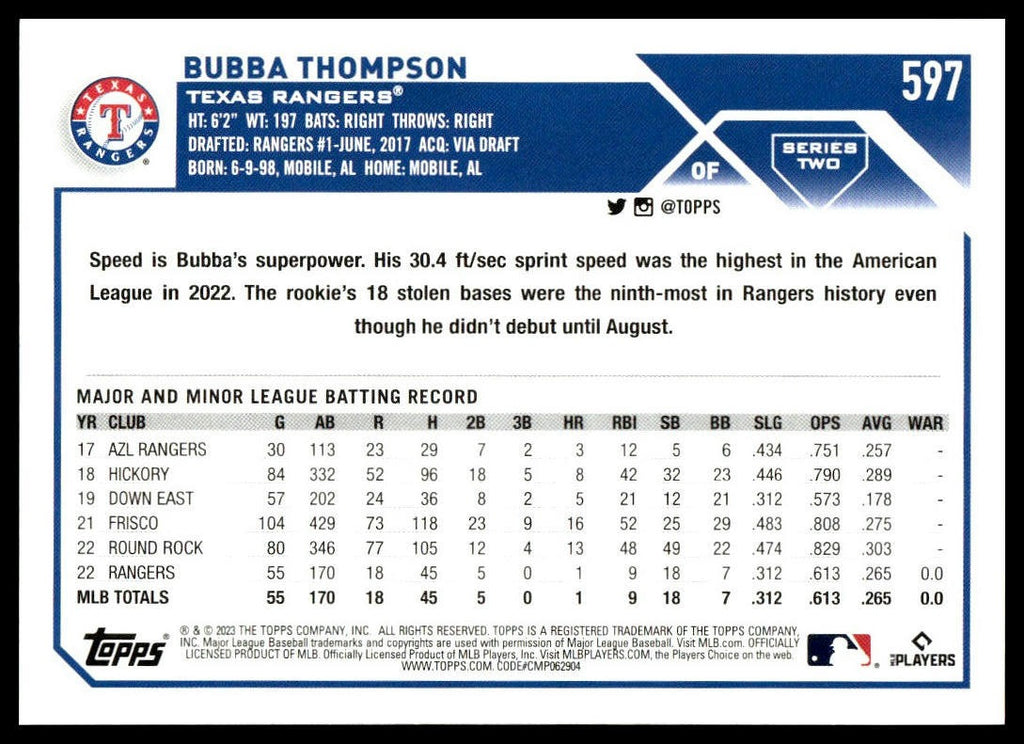 Bubba Thompson #597 2023 Topps Texas Rangers RC