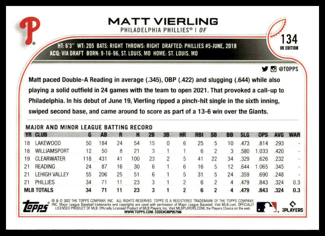 Matt Vierling #134 2022 Topps UK Edition Philadelphia Phillies RC