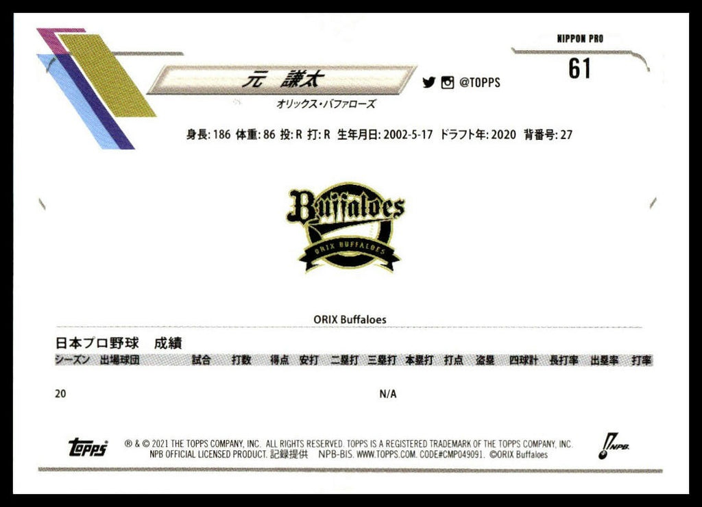 Kendai Gen #61 2021 Topps NPB Orix Buffaloes RC
