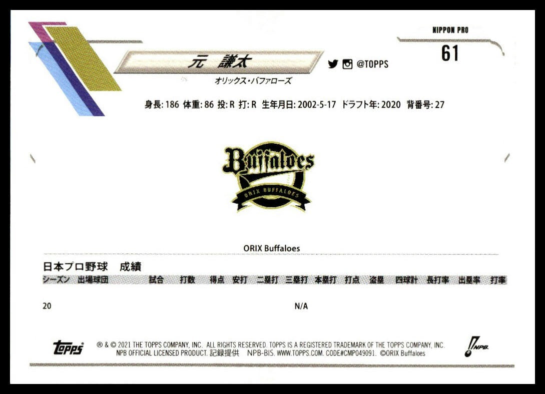 Kendai Gen #61 2021 Topps NPB Orix Buffaloes RC