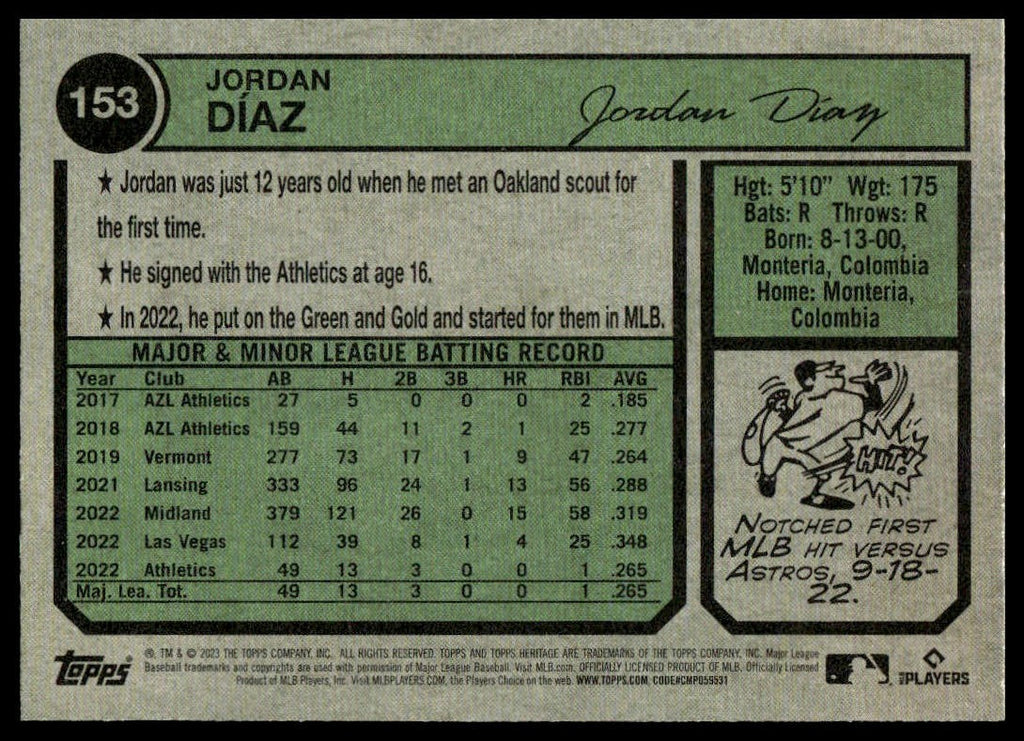 Jordan Díaz #153 2023 Topps Heritage Oakland Athletics RC