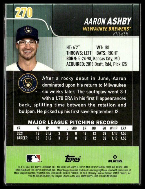 Aaron Ashby #270 2022 Stadium Club Milwaukee Brewers RC